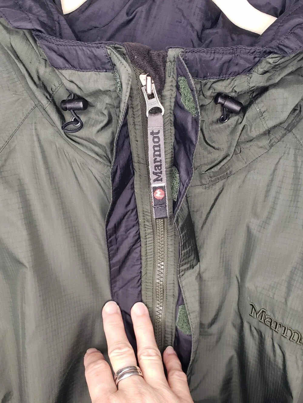 Marmot 3 in 1 Men's Drab Olive Green Hooded Rain Jacket Fleece Pockets Vents L